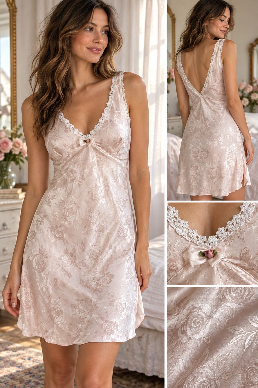 Vintage 90s Pale Pink Rose Jacquard Slip Dress M Lace Coquette Made in USA